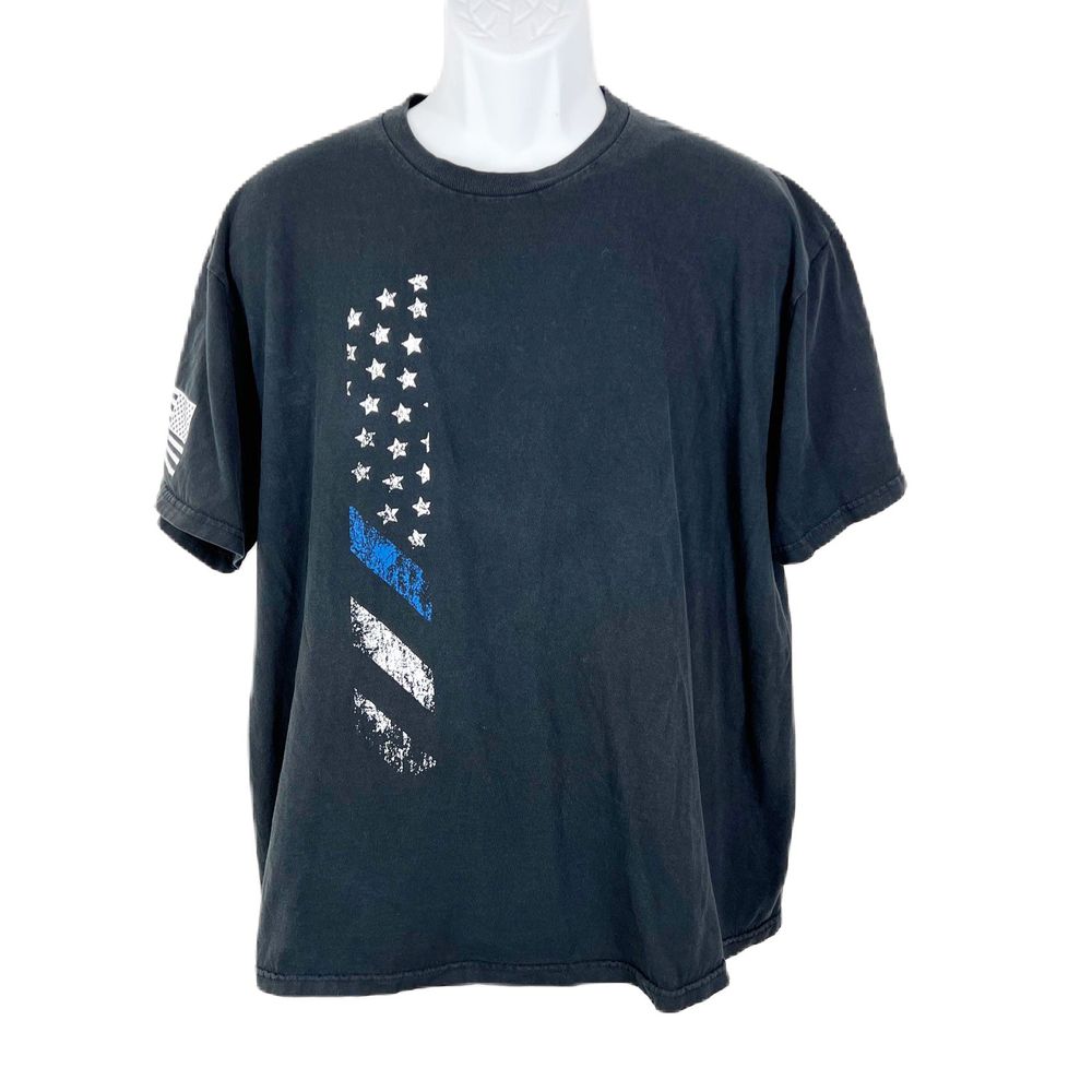 America Shirt Men XL Black Short Sleeve USA Flag Police Stars Striped